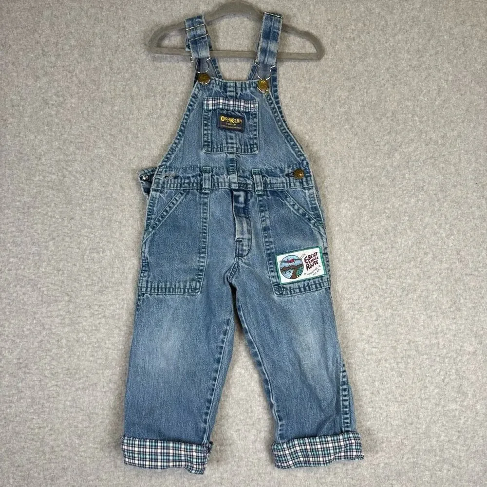 VTG OshKosh B'Gosh Blue Overalls USA Size 3T Unisex Great Circle Route Patch